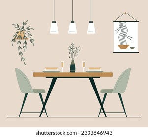 Essbereich in der Küche oder Wohnzimmer mit Tisch, Stühlen, Bild und Pflanzen. Vektorgrafik. Modernes Interieur. Nachhaltiger Lebensstil. Romantisches Abendessen für ein Paar.