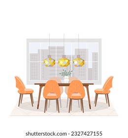 Dining area with large wooden table and soft chairs for six people by window overlooking multi-storey buildings of city. Vector illustration of luxury living room interior with carpet and chandelier.