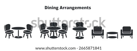 Dining arrangements vector illustration set furniture layout design restaurant interior seating plan graphic resource.