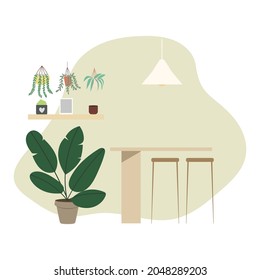 Dining bar tables and home-grown plants , isolated on white background ,  Flat cartoon flat style. illustration Vector EPS 10