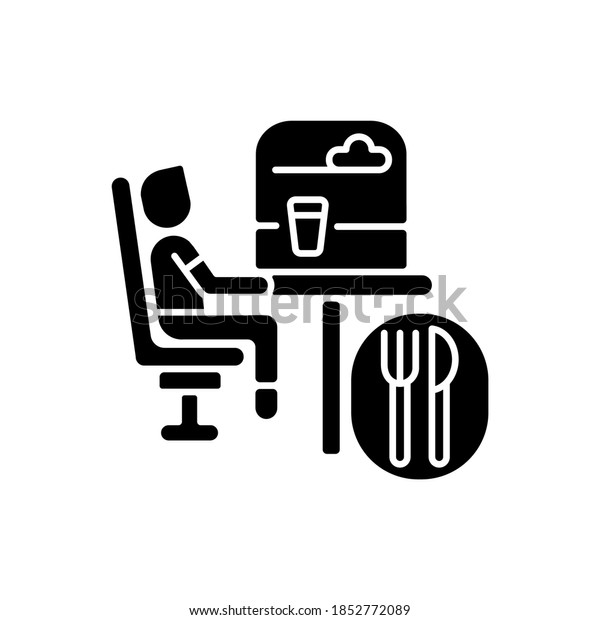 Dining car black glyph icon. Traveling with\
comfort, train restaurant. Train service, onboard buffet silhouette\
symbol on white space. Passenger eating meal on trip vector\
isolated illustration