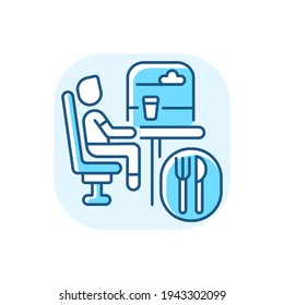 Dining car blue RGB color icon. Traveling with comfort, train restaurant. Train service, onboard buffet. Passenger eating meal on trip isolated vector illustration