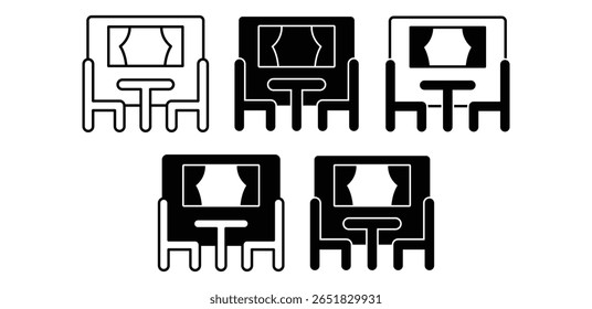 Jantar carro ícone definir preto e branco minimalista ilustrações Vetor Design