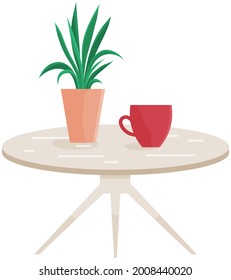 Dining or coffee table, furniture with cup of hot beverage and houseplant isolated on white background. Table and espresso drink with potted plant symbol element of modern room interior design