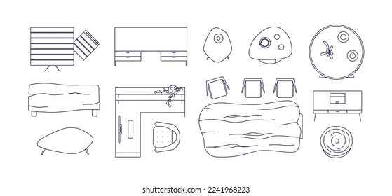 Mesas de comedor y café, escritorio, sillas, asientos, encima de la vista. Mobiliario de diferentes formas y tamaños. Ilustración de vector plano con contorno esquemático aislada en fondo blanco