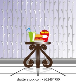 Dining composition on a decorative table, against the background of wallpaper with decorative weaving. Vector illustration.