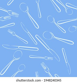 Cubertería de comedor, cuchara, estampado sin fisuras de cuchillo y tenedor, utensilios de cocina de arte de línea vectorial, fondo azul claro