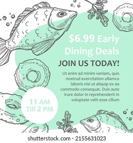 Dining deals sales and discounts in shop or restaurants. Join us today. Advertisement for store or bistro with seafood dishes. Fish and donut. Monochrome sketch outline, vector in flat style