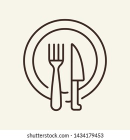 Dining dishware line icon. Plate, knife, fork. Food concept. Vector illustration can be used for topics like restaurant, dinner, meal