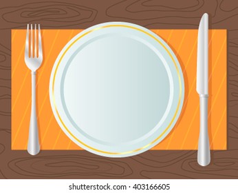 Dining equipment- fork, a knife, a plate on the table top. Flat vector illustration