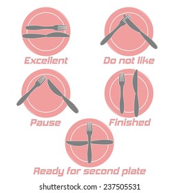 Dining etiquette. Table manner, knifes and forks signals. Cafe restaurant. Flat design style. Made vector illustrator