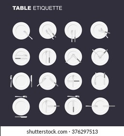 dining etiquette unofficial version. 16 characters to restaurant courtesy. Rules in public eating establishment. Cutlery decorum. Good manners in society. An empty plate top view. Knife and fork