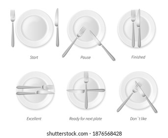 Dining etiquette. White porcelain plates with silverware, restaurant and cafes rules, top view cutlery positions set, forks and knives signals, signs to waiter. Vector concept realistic isolated icons