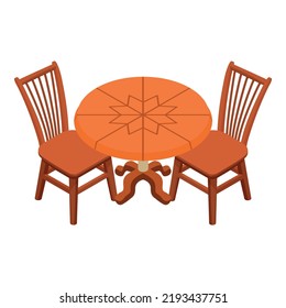 Dining Furniture Icon Isometric Vector. Wooden Round Dining Table And Chair Icon. Diningroom Furniture, Classic Interior