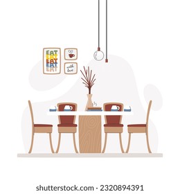 Dining furniture on abstract background. Cozy residential home room. Kitchen zone or dining space with decor and food. Tea time with homemade pie. Interior scene hand drawn flat vector illustration
