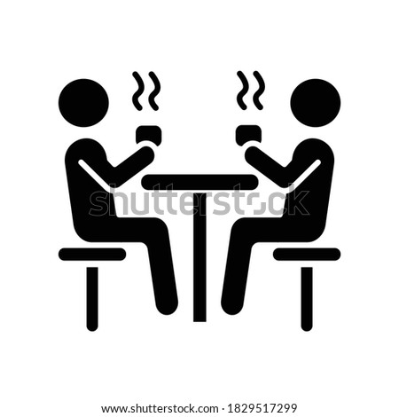 Dining hall black glyph icon. School cafeteria. University canteen. Students having lunch at table. People drinking hot drinks. Silhouette symbol on white space. Vector isolated illustration