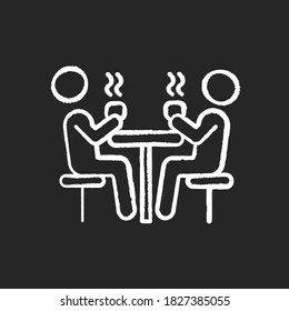 Dining Hall Chalk White Icon On Black Background. School Cafeteria. University Canteen. Students Having Lunch At Table. People Drinking Hot Drinks. Isolated Vector Chalkboard Illustration