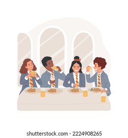 Dining hall isolated cartoon vector illustration. Student canteene, lifestyle, private boarding school, children eating at big table together, students having meal together vector cartoon.