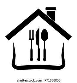 Dining hause. Business and Service. Food Center, Food Court, Cafeteria Service, Canteen or Restaurant Sign. Spoon, knif and fork vector icon.