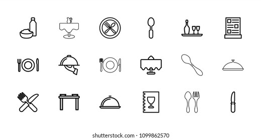 Dining icon. collection of 18 dining outline icons such as restaurant table, table with plates and pan, spoon, knife, dish, menu. editable dining icons for web and mobile.