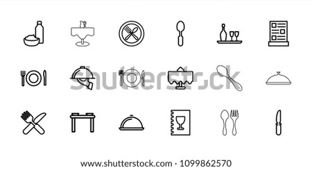 Dining icon. collection of 18 dining outline icons such as restaurant table, table with plates and pan, spoon, knife, dish, menu. editable dining icons for web and mobile.