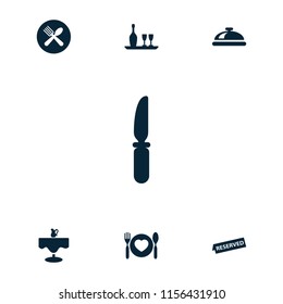Dining icon. collection of 7 dining filled icons such as dish, knife, spoon and fork, reserved. editable dining icons for web and mobile.