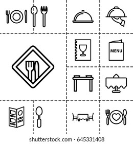 Dining icon. set of 13 outline diningicons such as restaurant table, spoon, plate with spoon and fork, dish, restaurant, menu