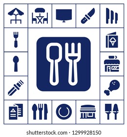  dining icon set. 17 filled dining icons.  Simple modern icons about  - Terrace, Fork, Spoon, Restaurant, Knife, Menu, Coffee shop, Chicken leg, Cutlery, Night stand, Plate, Knives