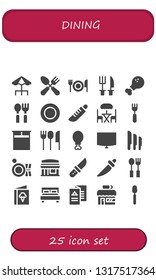dining icon set. 25 filled dining icons.  Collection Of - Terrace, Cutlery, Fork, Chicken leg, Spoon, Plate, Knife, Double bed, Night stand, Knives, Restaurant, Menu, Coffee shop