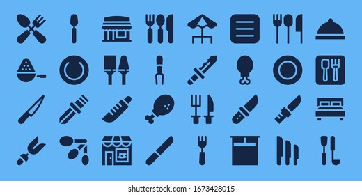 dining icon set. 32 filled dining icons. on blue background style Simple modern icons such as: Cutlery, Spoon, Knife, Fork, Plate, Spoons, Restaurant, Utensils, Coffee shop, Chicken leg