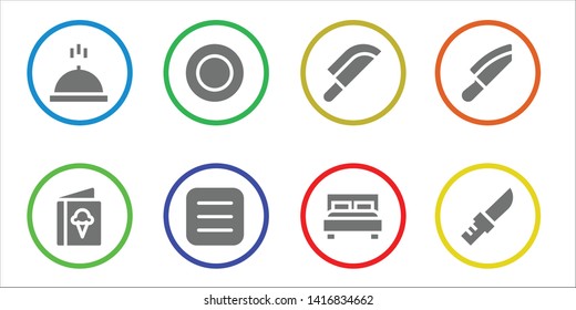 dining icon set. 8 filled dining icons.  Collection Of - Meal, Menu, Plate, Knife, Double bed