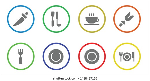 dining icon set. 8 filled dining icons.  Collection Of - Knife, Fork, Soup ladle, Plate, Coffee shop