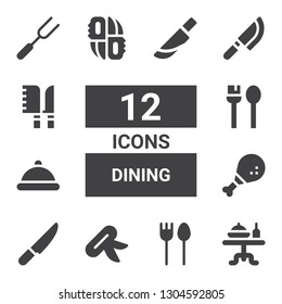 dining icon set. Collection of 12 filled dining icons included Dinner table, Cutlery, Knife, Chicken leg, Serving dish, Utensils, Knifes, Knives, Fork