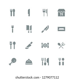 dining icon set. Collection of 16 filled dining icons included Cutlery, Eating utensils, Tray, Chicken leg, Dinner, Knife, Utensils, Tv table, Knives, Fork, Restaurant