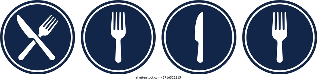 Conjunto de ícone de jantar, garfo e símbolos de faca, layout circular, silhueta branca em azul escuro, vetor para restaurante UI