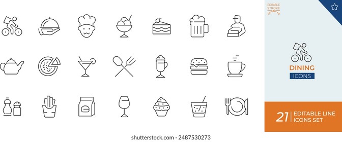 Dining Icon Set - Stock Illustration" is a curated collection of graphic icons representing various elements associated with dining, such as utensils, dishes, food items, and beverages.