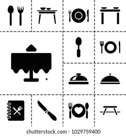 Dining icons. set of 13 editable filled dining icons such as restaurant table, dish, fork and spoon, table with plates and pan, spoon, menu, table