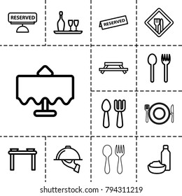 Dining icons. set of 13 editable outline dining icons such as restaurant table, fork and spoon, table, table with plates and pan, restaurant, reserved