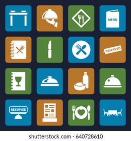 Dining icons set. set of 16 dining filled icons such as dish, drink and food, knife, spoon and fork, restaurant, menu, reserved, dish serving