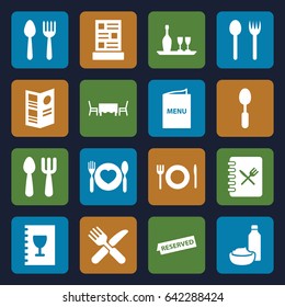 Dining icons set. set of 16 dining filled icons such as spoon and fork, fork and spoon, menu, reserved