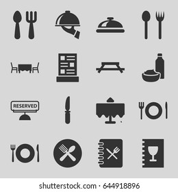 Dining icons set. set of 16 dining filled icons such as plate fork and spoon, restaurant table, dish, fork and spoon, knife, menu, reserved, dish serving