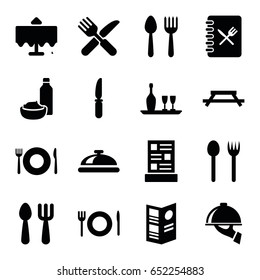 Dining icons set. set of 16 dining filled icons such as spoon and fork, plate fork and spoon, restaurant table, dish, knife, menu, dish serving