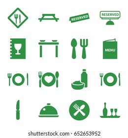 Dining icons set. set of 16 dining filled icons such as plate fork and spoon, fork and spoon, knife, dish, restaurant, menu, reserved