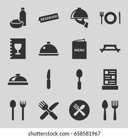 Dining icons set. set of 16 dining filled icons such as spoon and fork, dish, drink and food, spoon, knife, menu, reserved, dish serving