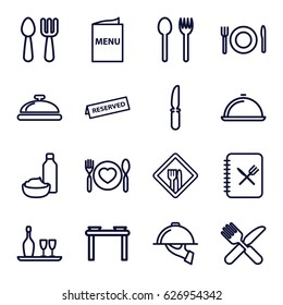 Dining icons set. set of 16 dining outline icons such as dish, fork and spoon, drink and food, knife, restaurant, menu, reserved