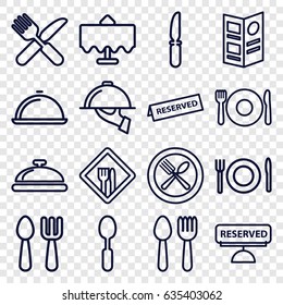 Dining icons set. set of 16 dining outline icons such as spoon and fork, plate fork and spoon, restaurant table, dish, knife, restaurant, menu, reserved