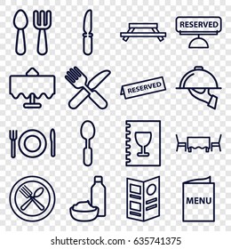 Dining icons set. set of 16 dining outline icons such as restaurant table, fork and spoon, drink and food, spoon, knife, menu, reserved, dish serving