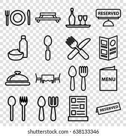 Dining icons set. set of 16 dining outline icons such as spoon and fork, dish, fork and spoon, menu, reserved, restaurant table