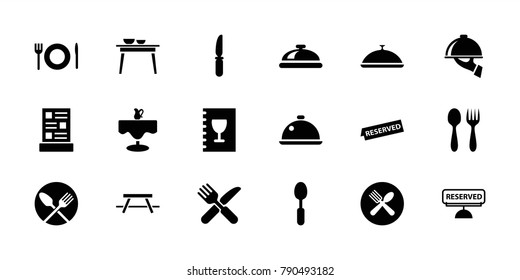 Dining icons. set of 18 editable filled dining icons: dish, fork and knife, spoon, knife, spoon and fork, menu, reserved, dish serving, restaurant table