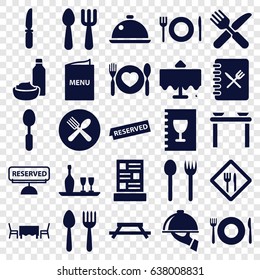 Dining icons set. set of 25 dining filled icons such as spoon and fork, plate fork and spoon, restaurant table, knife, dish, restaurant, menu, reserved, dish serving